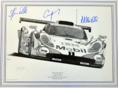Signed 1998 Le Mans Winners racing print featuring Allan McNish, Laurent Aiello and Stephane