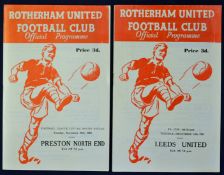 Football programmes Rotherham United v Leeds United 61/62 and Rotherham Utd v Preston NE 61/62