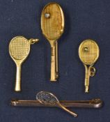 Ladies gold tennis bar brooch – stamped 9ct and mounted with a tilted head racket together with 2x