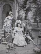 Textiles. A pair of woven silk pictures, elegant figures in 18th century French dress. 16 ½