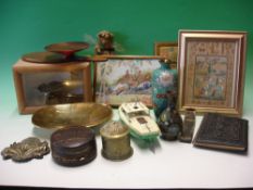 Quantity of Sundries to include cloisonné, brass string box, taxidermy bird, clockwork boat and