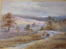 Edward Tucker c1846-1909 Moorland landscape with bridge and cottages. Signed with pseudonym 