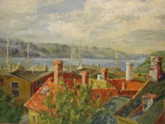 D A Cook. Trondheim, Norway. Signed and dated '48. Inscribed verso. Oil on board 22