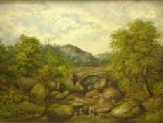 English School. River scene with bridge and figure. Oil on canvas 10