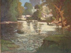 J Edwards. Badgers Holt Devon. Signed. Oil on patched canvas 20