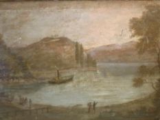 English Naïve School 19th Century. Lake scene with steam boat and figures. Oil on board 10