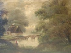 English Naïve School River scene with angler and cottage. Oil on repaired canvas 20