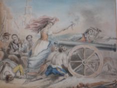 Continental School 19th Century Female warrior and cannon with soldiers, clerics and dog.