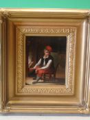 Northern European School Interior with rustic seated by an open fire holding a clay pipe. Early 19th