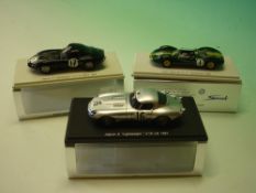 Three Minimax Spark Models 1/43rd scale. Lotus Type 30 S1 no.1 Goodwood 1964; Jaguar E 