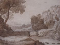 Continental School Early 19th Century. A landscape capriccio with classical ruins, cliff-top villa