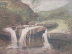 Stephen E Hogley Exh. 1881-93 Mountain stream cascade. Signed initials. Watercolour 6 ½