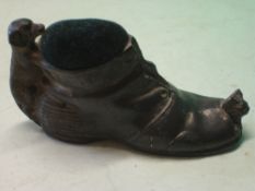 Victorian Novelty Pin Cushion in the form of an old shoe with dog and cat emerging from the toe.