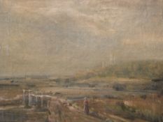 English School 19th Century. Fenland landscape with figure, bridge and a distant Ely Cathedral.