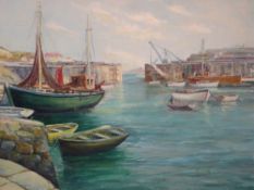 George S Barnes. Fishing boats in a harbour. Signed and dated '54. Oil on board 16