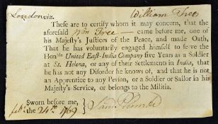 India 1769 East India Company Certificate sworn by a William Tree 