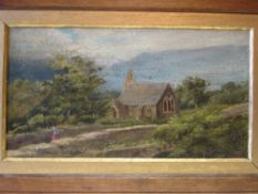English Naïve School. Chapel in a landscape with bridge and figure. Oil on board 6 ½