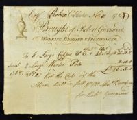 Interesting 1768 Printed Bill bought by a Robert Greenwood, Working Brazier & Ironmonger, Colchester