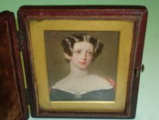 A Portrait Miniature - Young lady wearing a black dress. Leather diptych case. 19th century