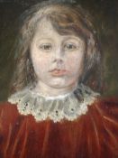 English School Early 20th Century Portrait of a young girl, she wearing a red dress with lace