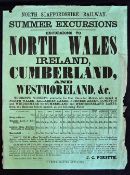Nice 1863 Railway Poster advertising Summer Excursions to North Wales, Ireland, Cumberland and