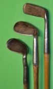 3x Anti-shank irons and putter to incl Fairlie's Pat niblick, Smith's Patent wing toed 