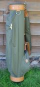 Fine and new green canvass and light tanned leather golf bag - made in England - circular shaped