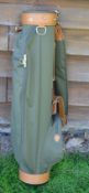Fine and new green canvass and light tanned leather golf bag - made in England - circular shaped