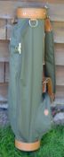 Fine and new green canvass and light tanned leather golf bag - made in England - circular shaped