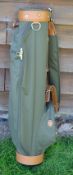 Fine and new green canvass and light tanned leather golf bag - made in England - circular shaped