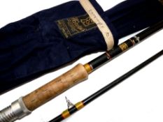 ROD: Late model Hardy Fibalite Spinning No 2 rod, 10' 2 pce, black blank whipped green tipped red,