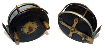REEL: Slater style brass and ebonite combination trotting reel, 4 screw drum latch, twin horn
