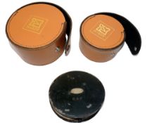 REEL CASES & CAST DAMPER: (3) Pair of Hardy classic leather fly reel cases, external diameters 4.25