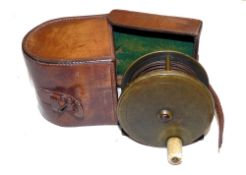 REEL & CASE: Bowness & Bowness Maker 230 Strand London brass salmon plate wind reel, 3.5