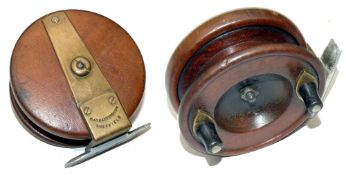 REEL: Rare J Atherton of Sheffield shallow drum mahogany wood and brass reel, 3.75