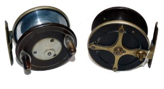 REEL: Ex rare Slater pattern ebonite and German silver wide drum trotting reel, 3 screw nickel latch