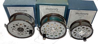REELS: (3) Set of Farlow of London alloy fly fishing reels in makers original boxes, a pair of