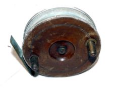 REEL: Scarce alloy wrapped mahogany/brass star back Sheffield reel, backplate stamped 