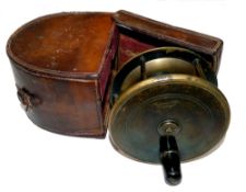 REEL & CASE: Anderson of Edinburgh all brass salmon plate wind reel, 4.5