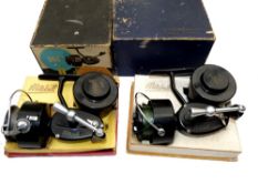REELS: (2) Pair good early Mitchell 300 spinning reels, both with spring fold handles and V check