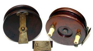 REEL: Rare J Atherton of Sheffield shallow drum mahogany wood and brass reel, 4.25