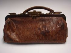 A Leather Gladstone Style Bag Faux crocodile grained, the closure with sliding brass locks, the