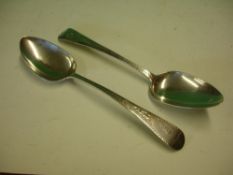 A Pair of George 111 Silver Spoons with bright cut decoration and cartouche with initial 