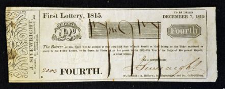Monetary State Lottery Ticket 1815 a Fourth part of the chance issued by Lottery Agent named 