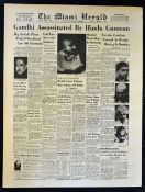 India Gandhi Shot 1948 Newspaper The Miami Herald dated Jan 31 'Gandhi Assassinated by Hindu gunman'