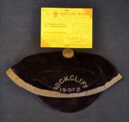 1901 Rockcliff Rugby Newcastle on Tyne Cap - maroon cap with gold braid rim, missing tassel,