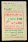 1951 Wales v South Africa rugby programme - played at Cardiff Arms Park on Saturday 22nd
