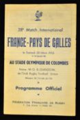Scarce 1953 France v Wales signed rugby programme - played at The Olympic Stadium Colombes on