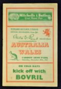 1947 Wales v Australia signed rugby programme - played at Cardiff Arms Park on Saturday 20th