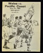 1980 Pacific Coast v Wales rugby programme - played at Bellingham on May 14, interesting programme
